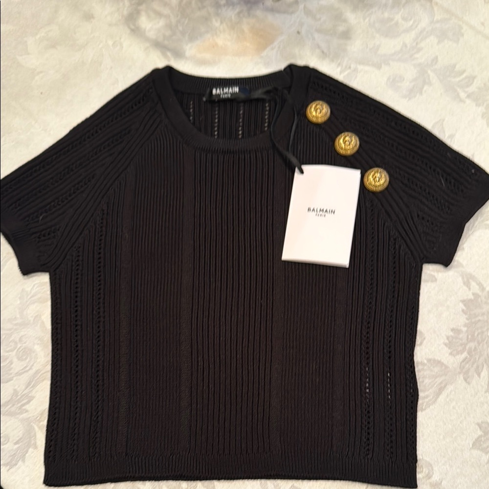 Balmain Black Ribbed Knit Top with Gold Buttons